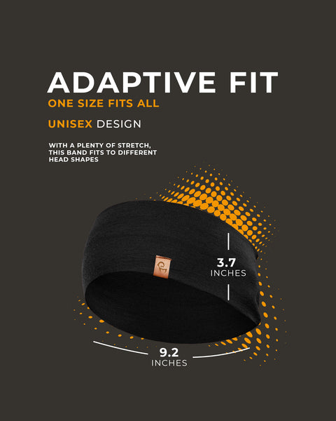 Black headband with measurement details on a dark background