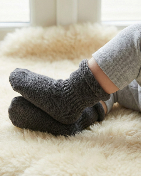 Baby merino wool socks in dark gray, soft breathable knit infant booties for warmth and comfort