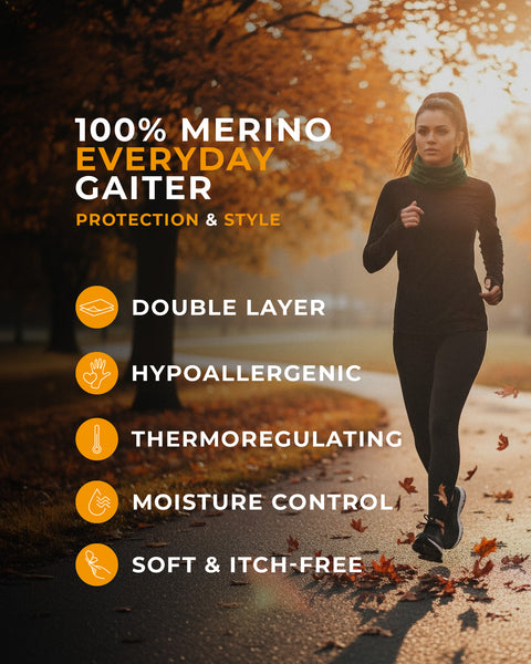 Autumn park scene with a woman running in a green neck gaiter; banner reads “100% Merino Everyday Gaiter — double layer, hypoallergenic, thermoregulating, moisture control, soft & itch-free.”