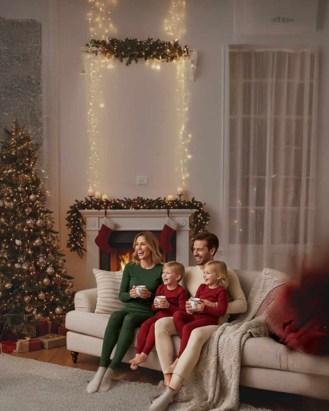 Family of four sitting on a couch in a living room decorated for Christmas.