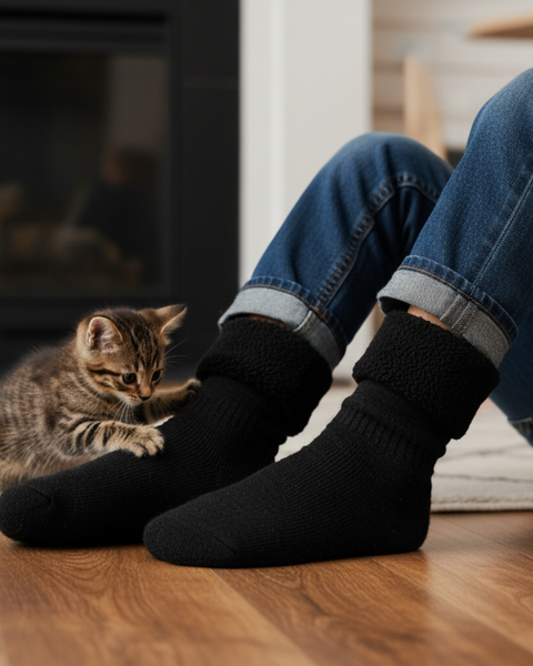 A child wearing black sherpa socks sits on a wooden floor while a playful kitten touches their feet near a cozy fireplace.