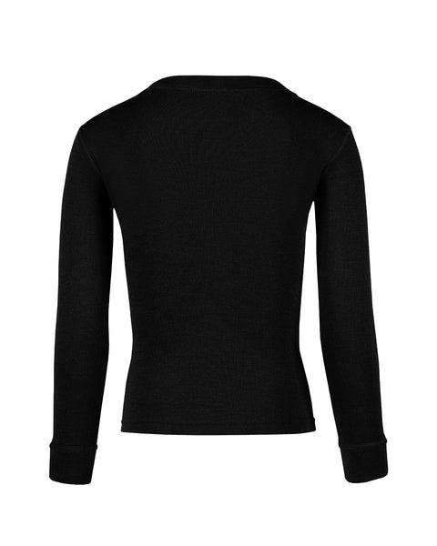 Back view of the kids' menique merino 250gsm long sleeve top, in black color, white background.