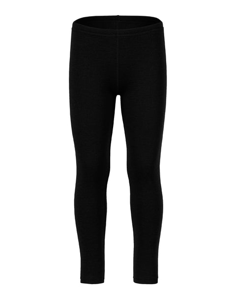 Front view of the menique kids' 250 gsm merino pants in black color, white background.