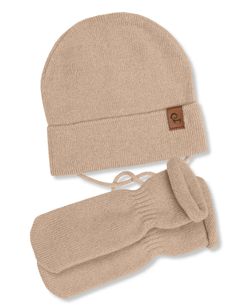 Baby Knit Beanie with Strings & Mittens 2-Piece Set Creamy beige