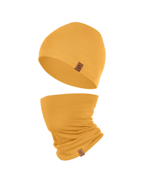 Kids merino wool beanie and neck gaiter set in mustard yellow, warm breathable accessories for children.