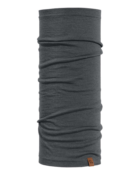 Perfect gray Merino wool neck gaiter, photographed upright on a plain white background.