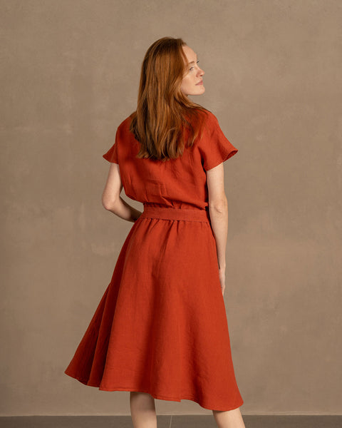 Linen Front Button Dress Brigit Cinnamon Red