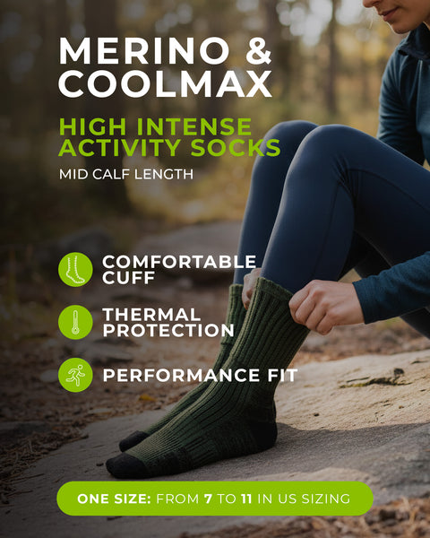 Person wearing green socks with text highlighting features like comfortable cuff, thermal protection, and performance fit.