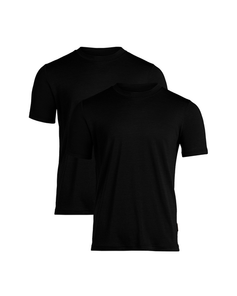 Två svarta kortärmade t-shirts i merinoull för herr, lätta 160gsm, klassisk rund hals, perfekta för vardagsbruk, resor eller lager-på-lager.
