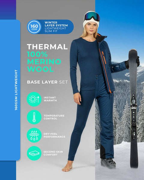 Women’s denim blue merino wool base layer set, 160 GSM lightweight thermal underwear for winter sports and layering
