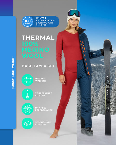 Women’s red 160 GSM merino wool thermal base layer set, lightweight winter underwear for skiing, snowboarding, and outdoor wear