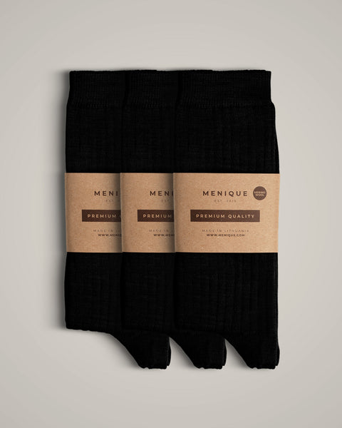 Women’s 85% Merino Wool Rib Thin Socks 3-Pack in Black – durable, odor-resistant, versatile socks for daily wear.