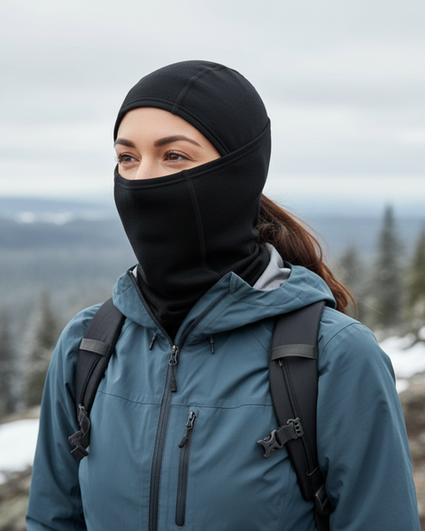 Kvinna som bär en svart balaklava och en blå utomhusjacka med en ryggsäck, stående i ett snötäckt bergslandskap med tallar i bakgrunden.