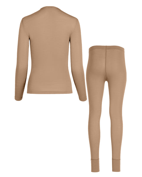 Beige women's long sleeve and bottoms set on a white background