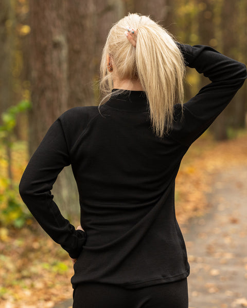 Women's Merino Wool Sports Jogging Zip neck top 250gsm Black