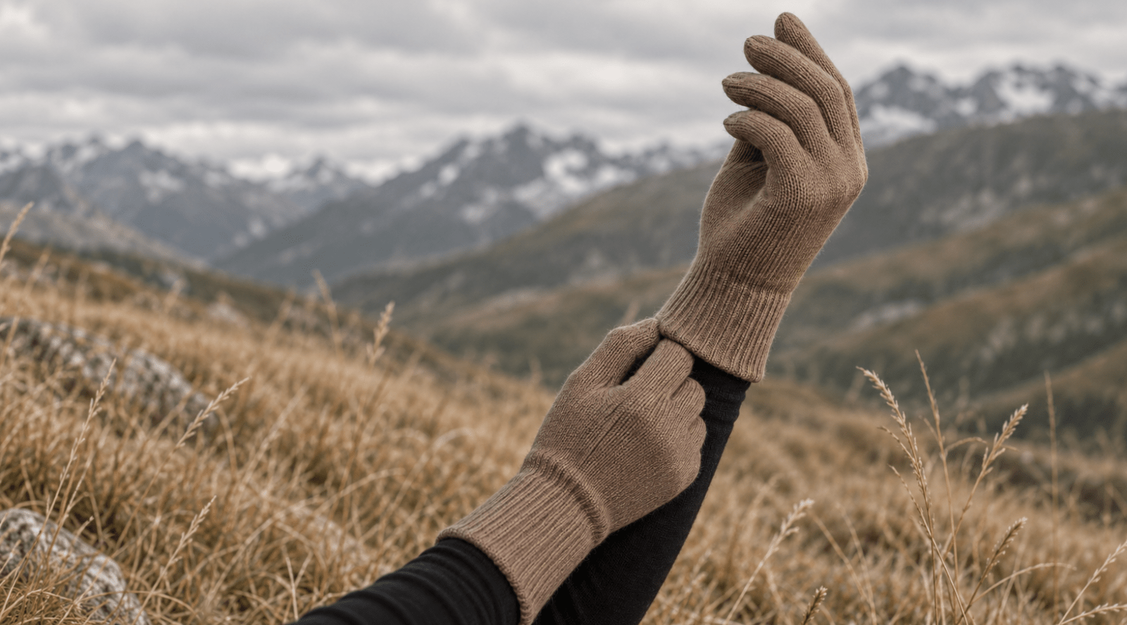 A person wearing a black long-sleeved top adjusts a pair of light brown knitted gloves on their hands. The background features a field of dry, wild grass and majestic snow-capped mountains under a cloudy sky.
