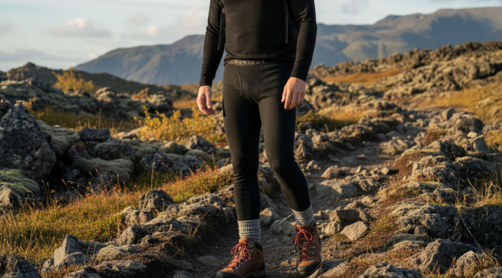 a man wearing black merino menique pants