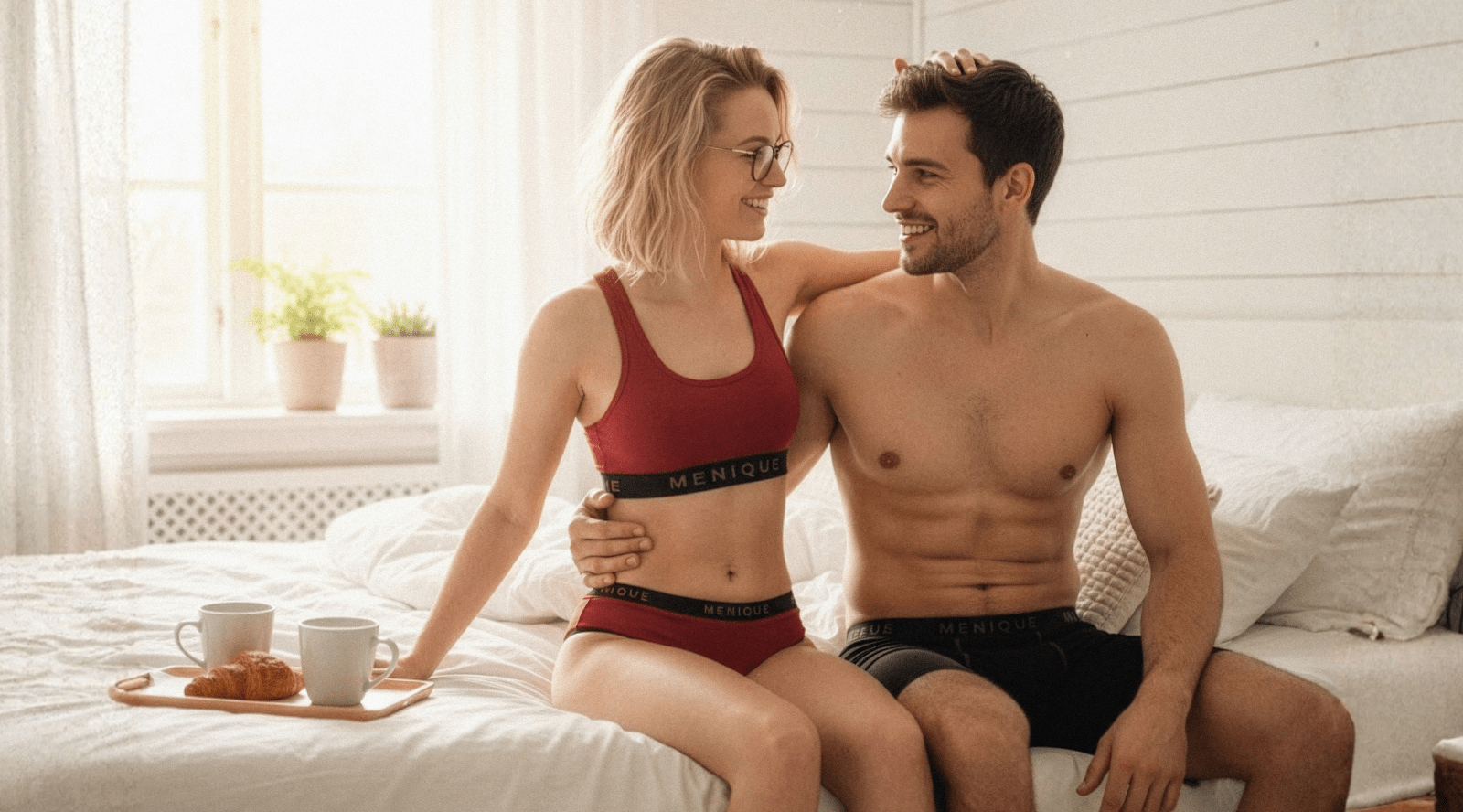 A young, blond woman wearing a dark green merino wool sport bra with menique logo band. She has one hand on her hip, and is smiling while looking to the side.