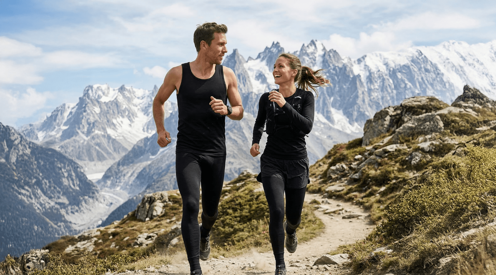A father holding up a girl on his shoulders, both of them are wearing light blue merino wool 160gsm clothing sets of long sleeve shirts and pants.