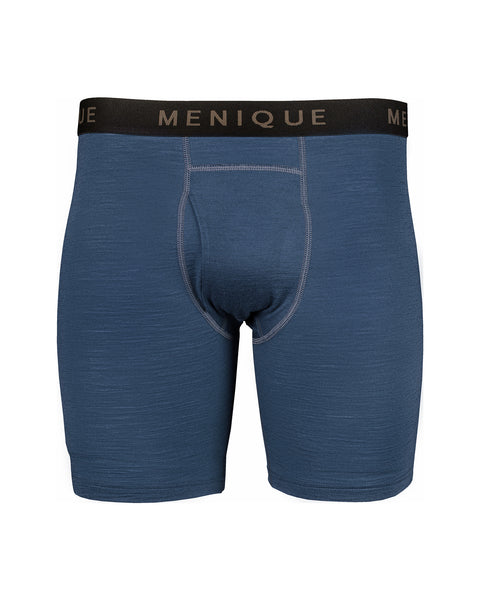 Menique men&#39;s merino boxers in denim color, white background.
