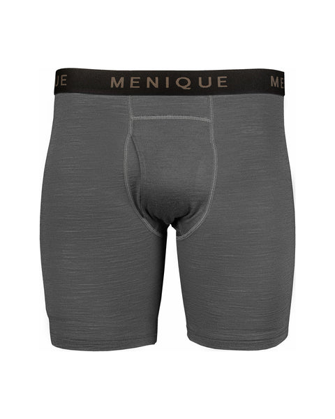 The menique men&#39;s merino boxer briefs in color perfect grey, white background.