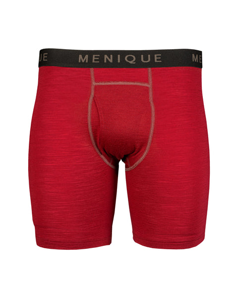 The menique men&#39;s merino boxer briefs in color royal cherry, white background.