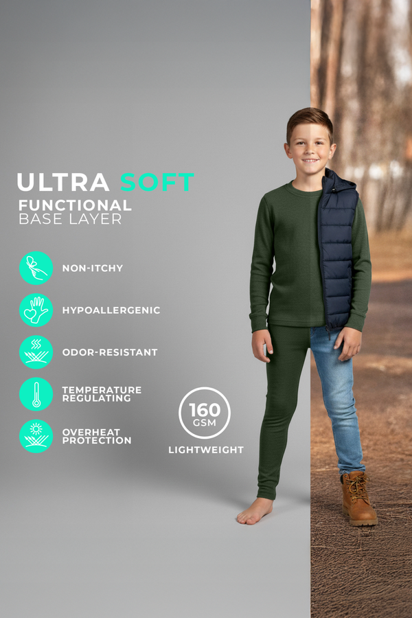 A boy wearing a dark green long-sleeve base layer top and matching leggings, standing barefoot against a split background showing both a studio setting and an outdoor fall scene. Icons on the left highlight features such as non-itchy, hypoallergenic, odor-resistant, temperature regulating, and lightweight 160 GSM fabric.