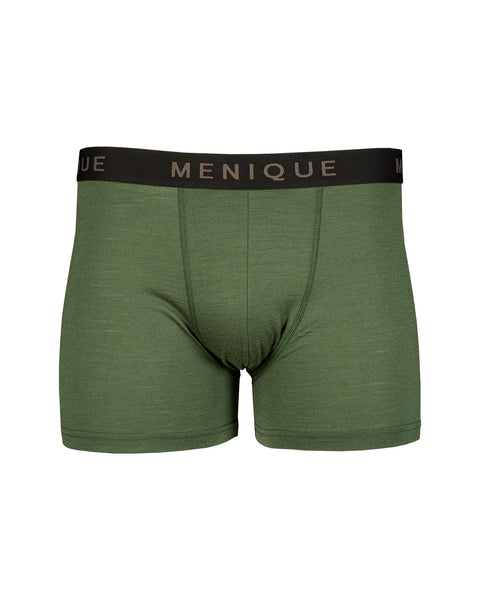 the menique men&#39;s short boxer underwear with logo waistband, color dark green, white background.