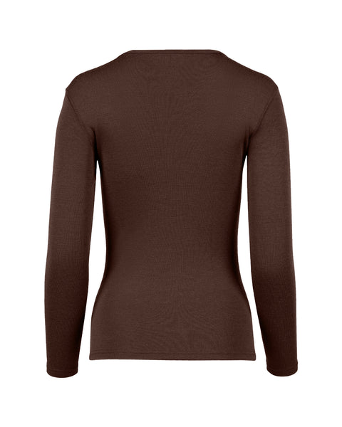 Packshot of menique woman long sleeve shirt in the brown color, made from 100% merino wool.