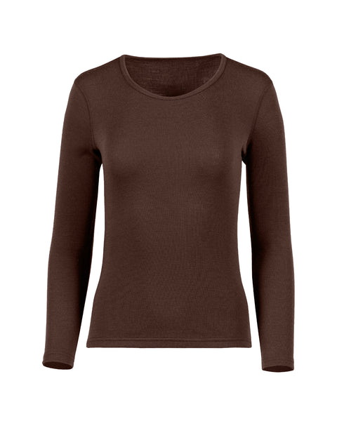 Packshot of menique woman long sleeve shirt in the brown color, made from 100% merino wool.