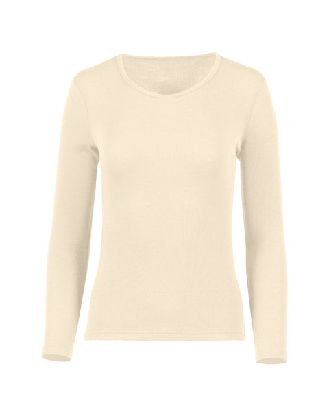 The menique women&#39;s long sleeve 250gsm merino top in natural color, front view.