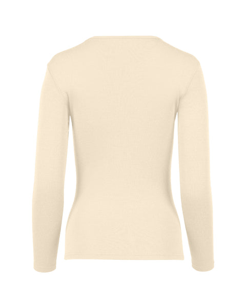 The menique women&#39;s long sleeve 250gsm merino top in natural color, back view.