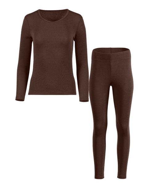 A matching set of brown long-sleeved shirt and leggings is displayed against a white background. The long-sleeved shirt is on the left, and the leggings are on the right.