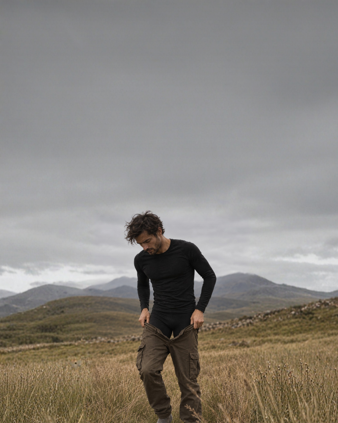 A man stands in a grassy, open landscape while pulling a pair of green cargo pants up over his black leggings. He wears a black long-sleeved top and looks downward against a backdrop of distant mountains and an overcast sky.
