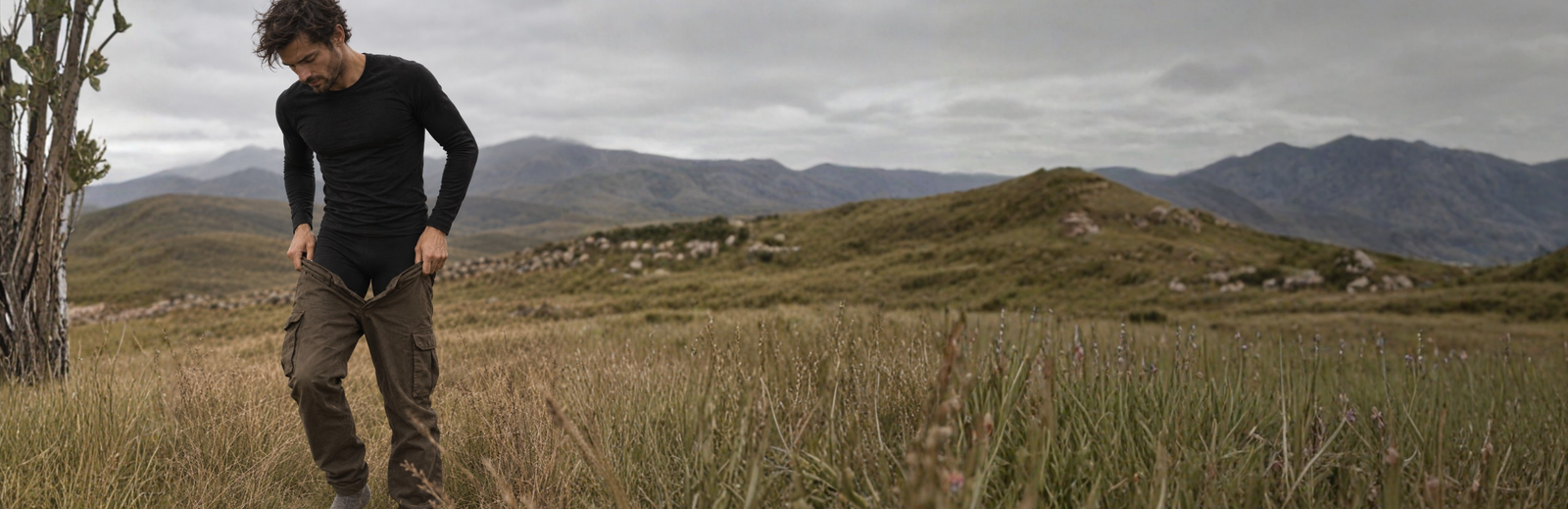 A man stands in a grassy, open landscape while pulling a pair of green cargo pants up over his black leggings. He wears a black long-sleeved top and looks downward against a backdrop of distant mountains and an overcast sky.