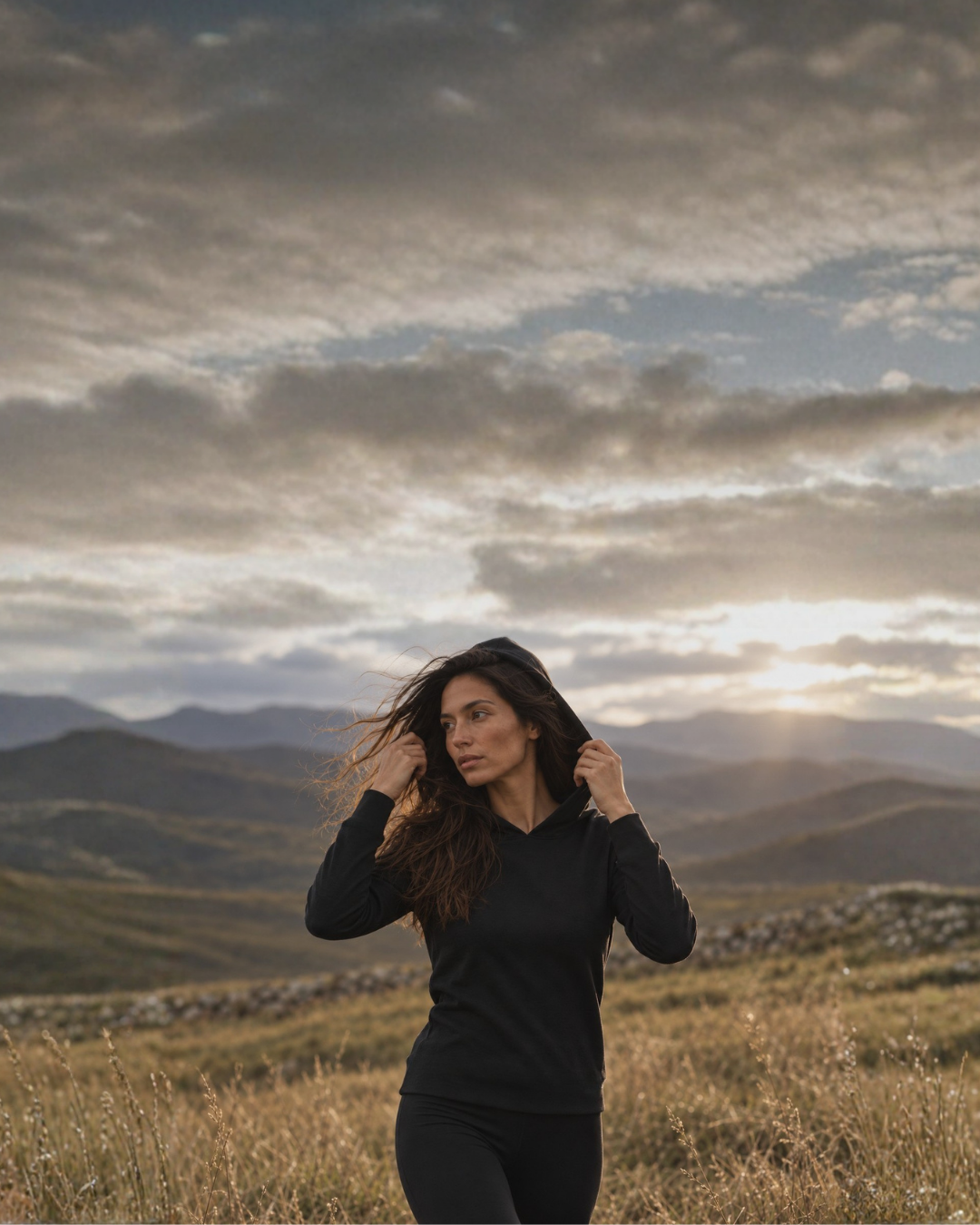A woman wearing a black hoodie stands in a field of dry grass, holding the edges of her hood as the wind blows her hair. The sun shines through a cloudy sky over the rolling mountains behind her.