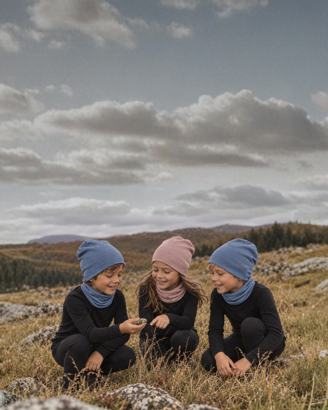 Three smiling children crouch in a field of dry grass to examine a small rock together. They are dressed in black thermal sets paired with blue and pink beanies and matching neck gaiters against a backdrop of rolling hills.