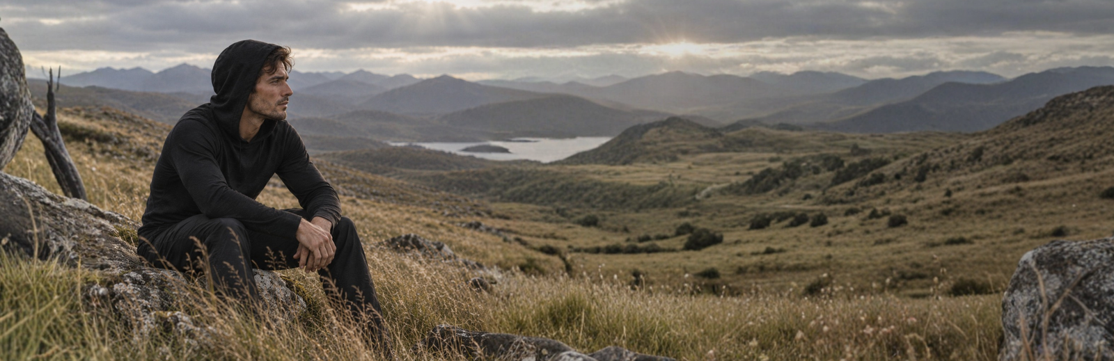 A man wearing a black hooded long-sleeved shirt sits on a rocky, grass-covered hillside while looking off into the distance. The vast landscape behind him features rolling mountains, a distant body of water, and sun rays breaking through a heavily clouded sky.