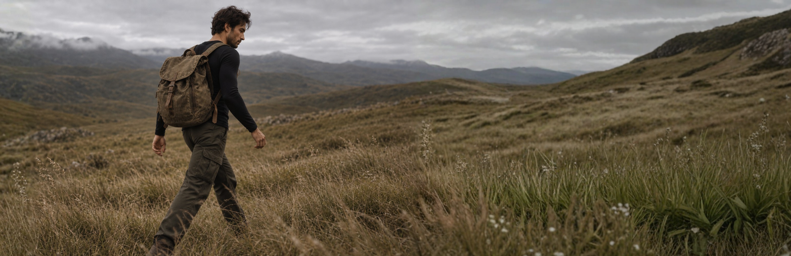 A man wearing a black long-sleeved shirt and green cargo pants walks through a grassy field with a canvas backpack. Distant mountains and a cloudy gray sky fill the background.