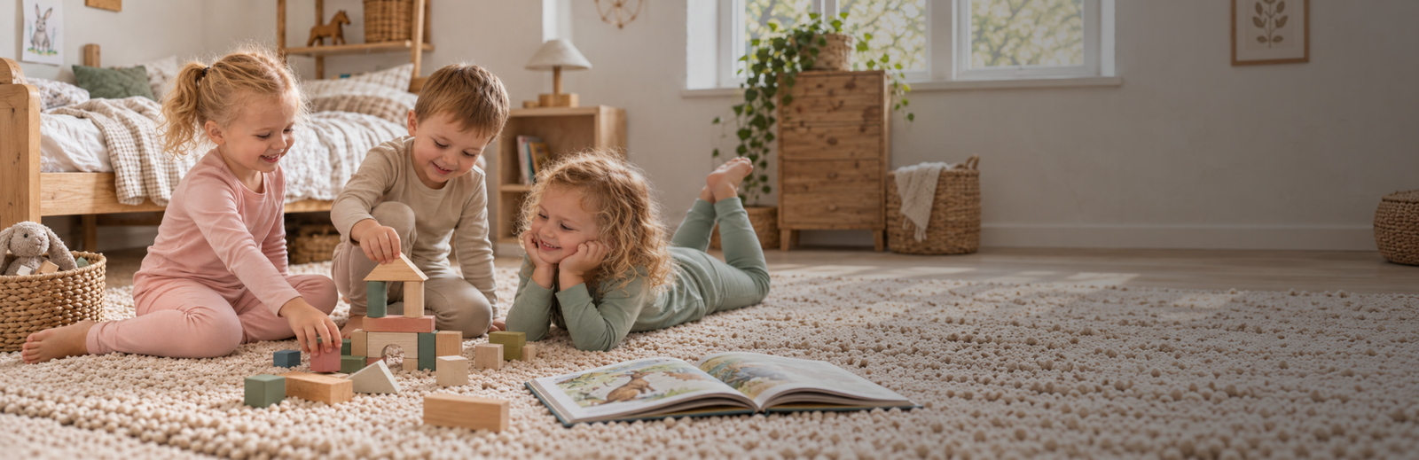 Three joyful children in cozy sleepwear build a tower out of wooden blocks on a fluffy bedroom rug. The bright, neutral-toned room features a wooden bed and natural decor elements.