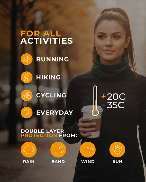 Woman in an autumn city park wearing a green merino neck gaiter and holding a coffee; overlay text: “For all activities—running, hiking, cycling, everyday; double-layer protection from rain, sand, wind, sun; comfort range +20°C to −35°C.