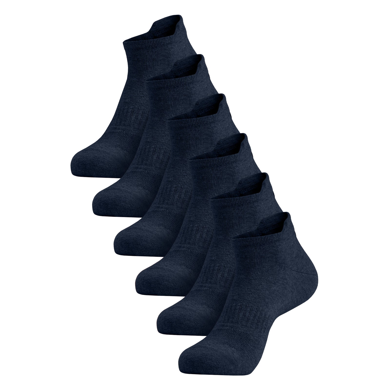 A six-pack of gray adult ankle socks arranged in a diagonal row against a white background.