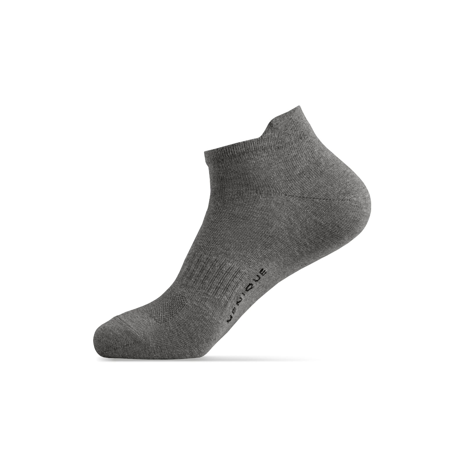 A single gray ankle sock shown on a foot model, angled to display the side profile and the top opening.