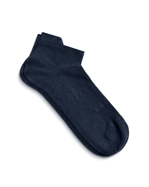 A pair of dark blue ankle socks lying flat on a white surface, slightly overlapping to show the top of the foot and the ankle opening.