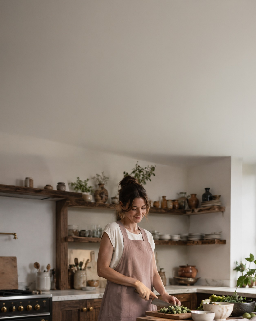 A smiling woman standing in a rustic, well-lit kitchen chopping green vegetables on a wooden cutting board, wearing a muted pink linen apron over a white t-shirt.