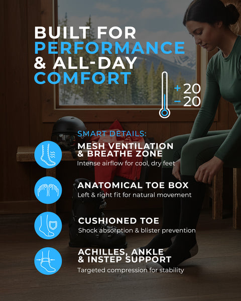 Person sitting on a bench with text about shoe features and comfort, set against a mountainous background.