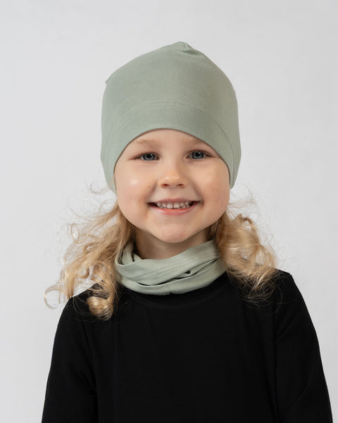 Kids bamboo beanie and neck gaiter set in sage green, lightweight accessories for everyday wear.