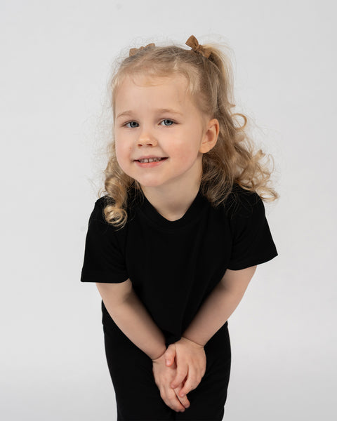 Kids bamboo t-shirt and shorts set in black, comfortable and stretchy everyday clothing.