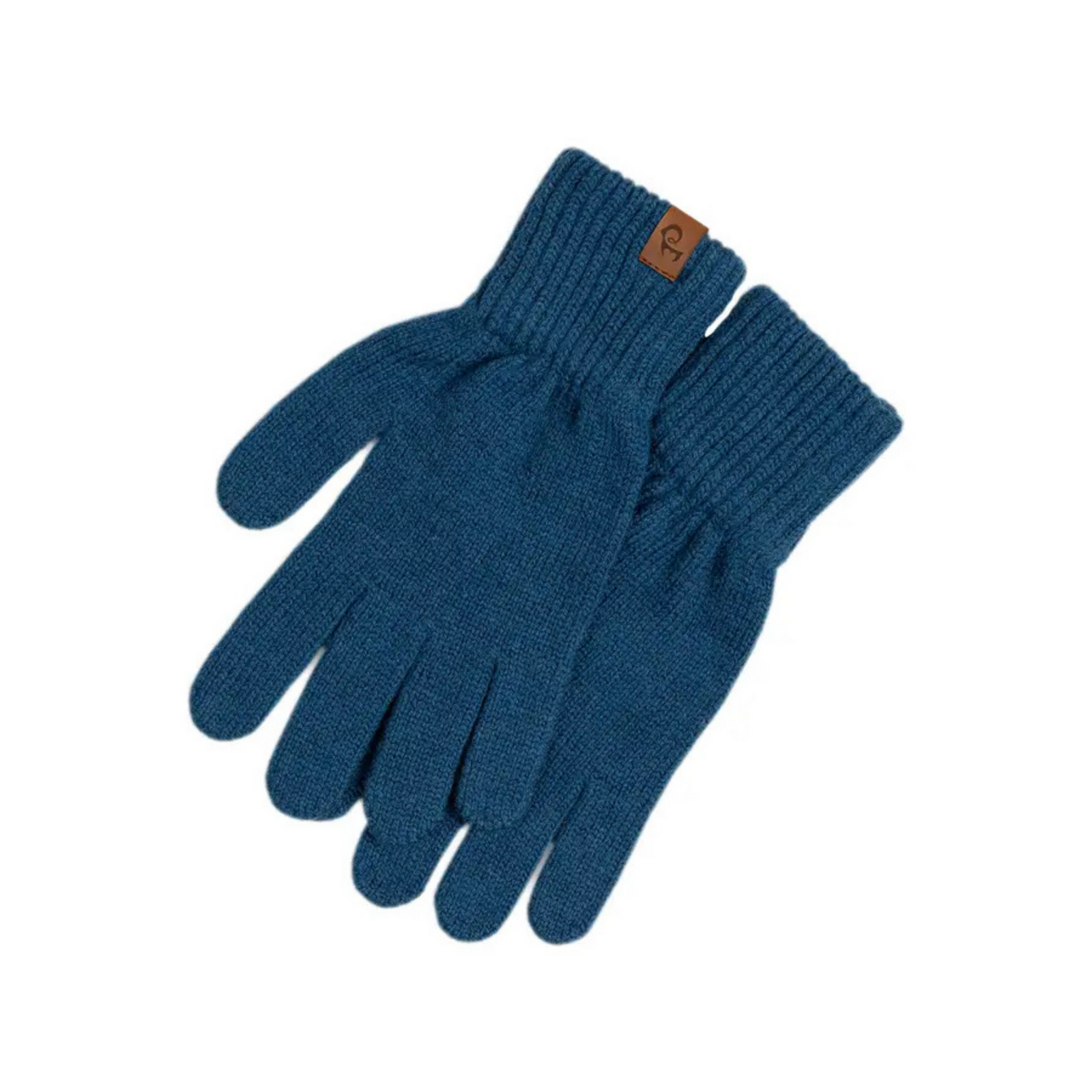 A pair of menique brand dark gray knit gloves with ribbed cuffs. A small, rectangular tan leather tag with the "menique" logo is visible on the cuff of the left glove. The gloves are laid flat against a white background.
