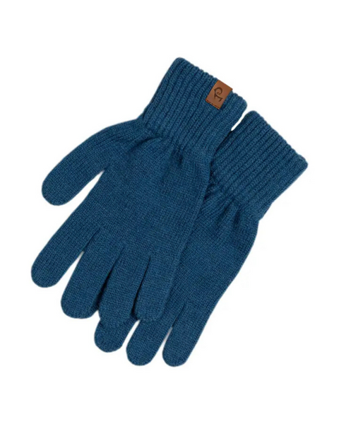 A pair of menique brand blue knit gloves with ribbed cuffs. A small, rectangular tan leather tag with the &quot;menique&quot; logo is visible on the cuff of the left glove. The gloves are laid flat against a white background.